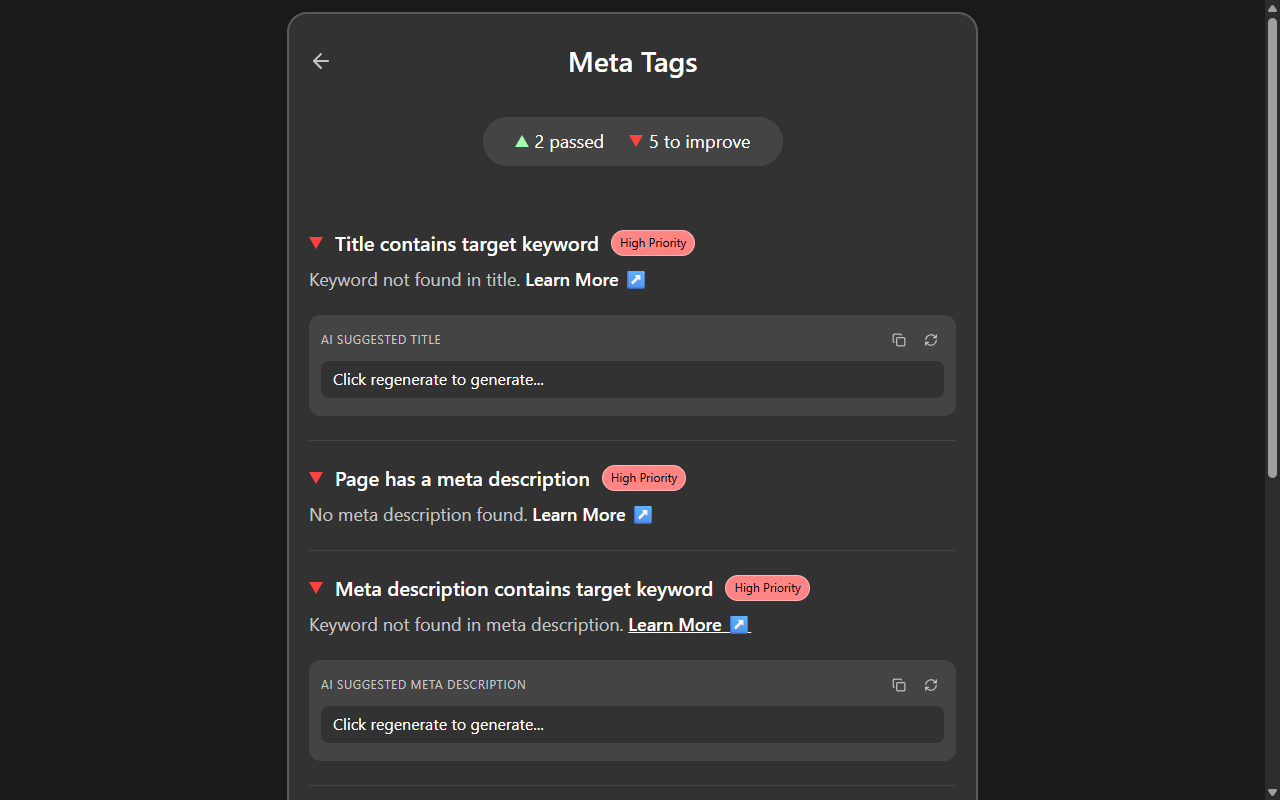 Detailed recommendations with priority labels showing AI suggested title and meta description