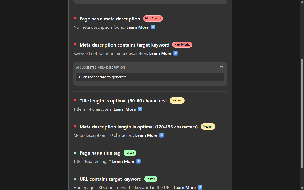 Full breakdown of passed and failed SEO checks by category