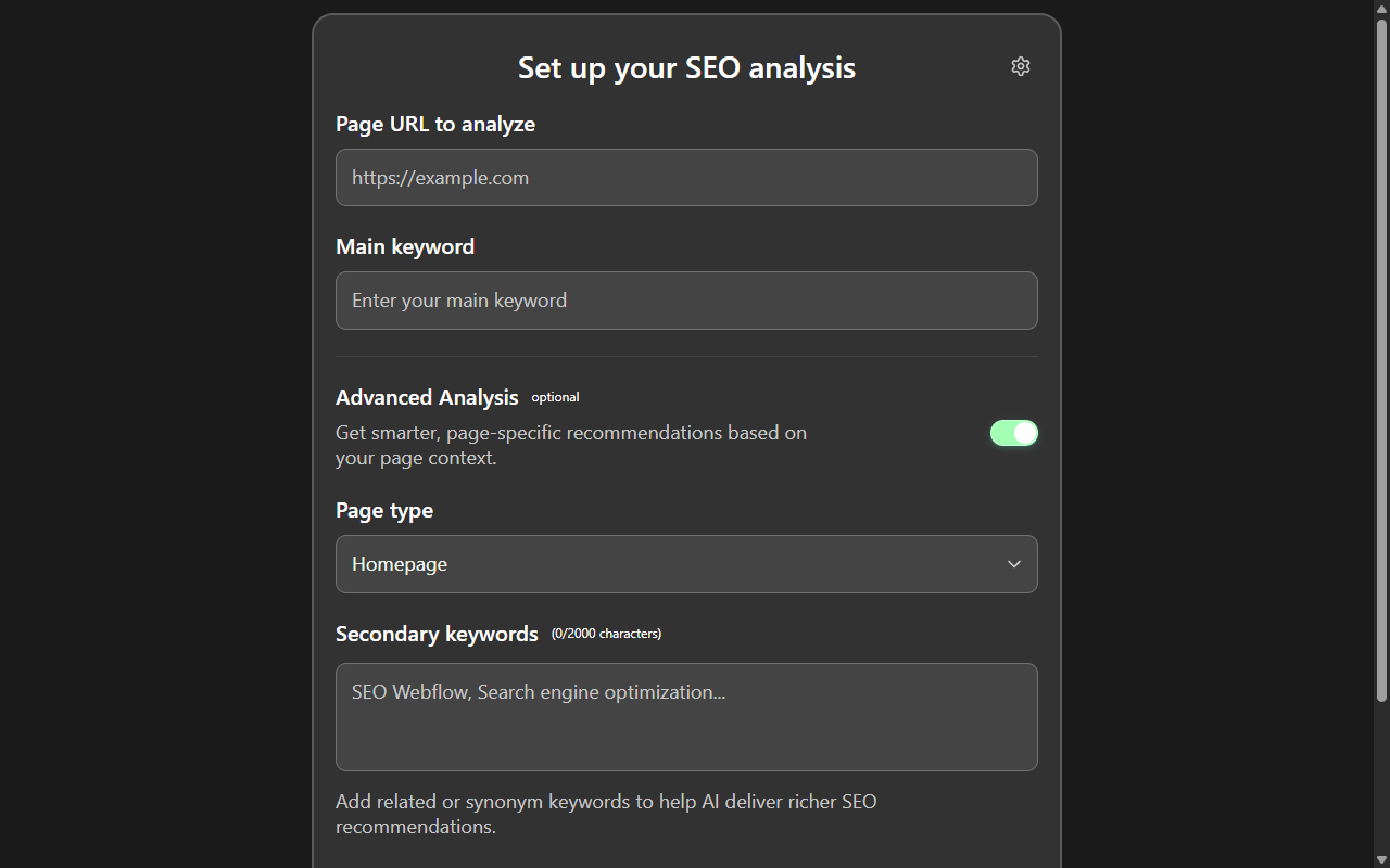 Advanced Analysis mode with page type detection and secondary keywords