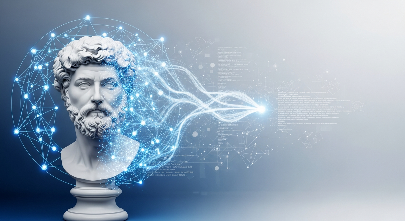 Marble bust of Marcus Aurelius surrounded by a network of connected nodes representing specialized AI agents
