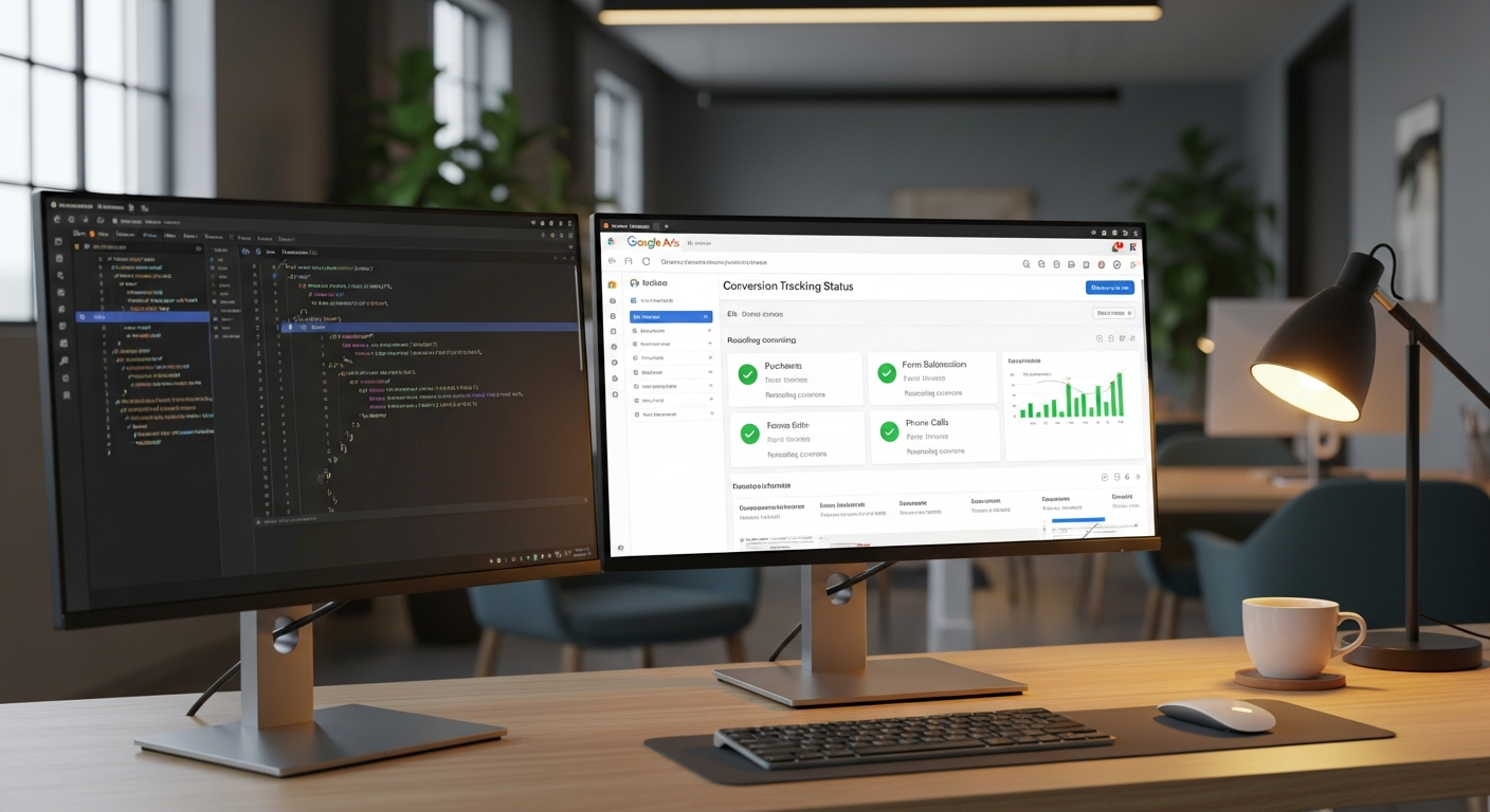 Google Ads conversion tracking dashboard showing inactive status on a developer workspace