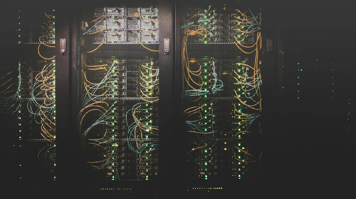 Server rack infrastructure with glowing network connections